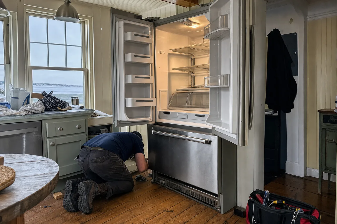 Coastal kitchen with a tall refrigerator standing open and a technician kneeling at the under-counter cabinet, water visible through the window