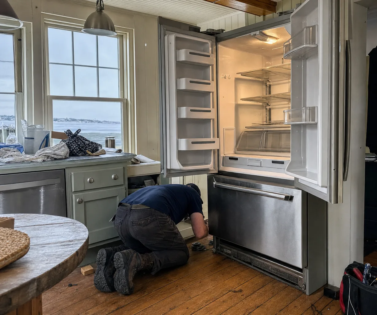 Left-hand crop of a bright coastal kitchen with the refrigerator doors held open on empty shelving
