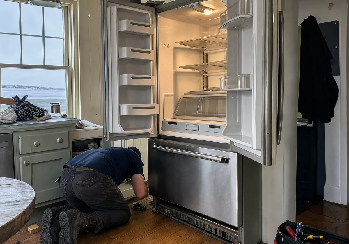 Centred frame of a coastal kitchen mid-service, refrigerator open and an under-counter appliance pulled forward