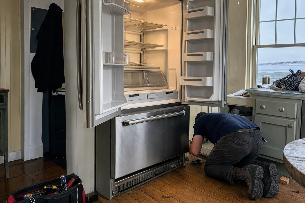 Kitchen looking out over the water with a service call in progress at the open refrigeration cabinet
