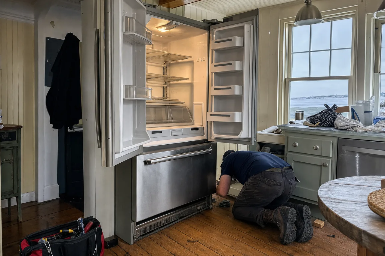 Wide frame of a beachfront kitchen with the refrigerator standing open beside a window onto the shoreline