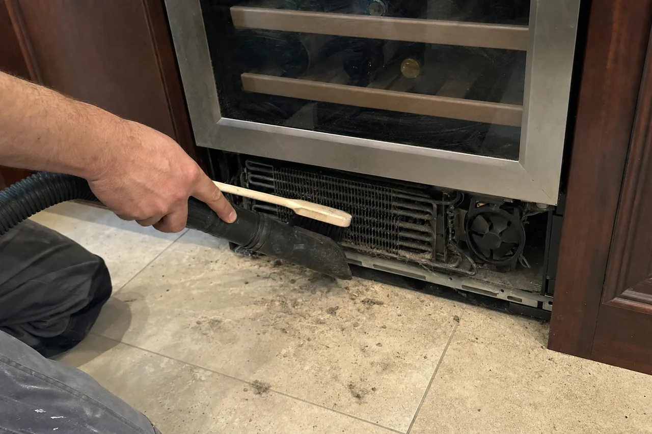 Vacuum nozzle and brush clearing packed grey dust from the condenser at the base of a built-in refrigeration column