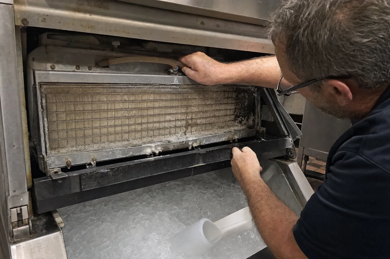 Mirrored frame of an open ice machine with the front panel off and mineral scale across the grid plate