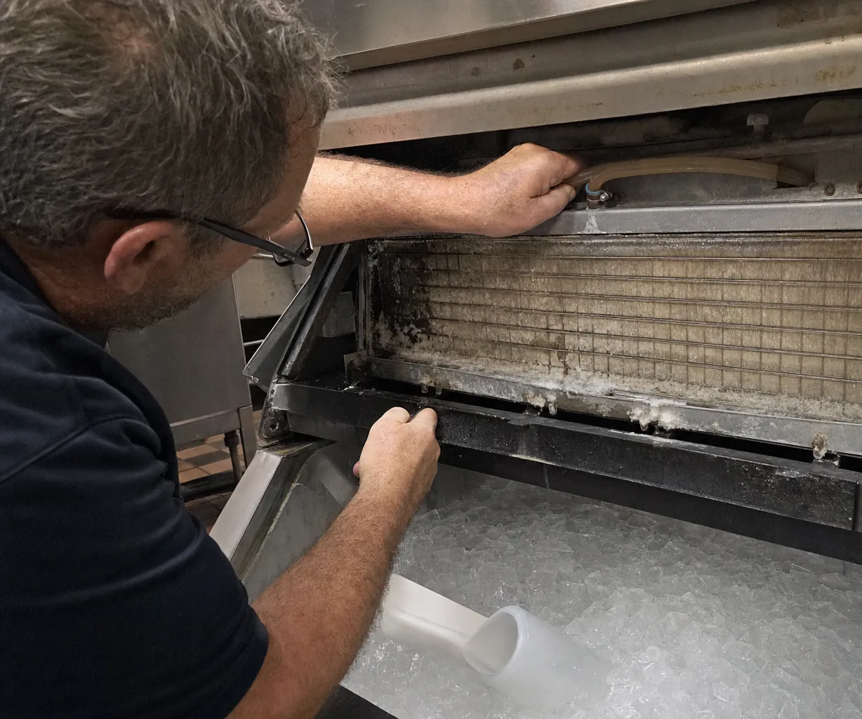 Close crop of a corroded stainless panel and grid inside an ice machine, screws and clips exposed
