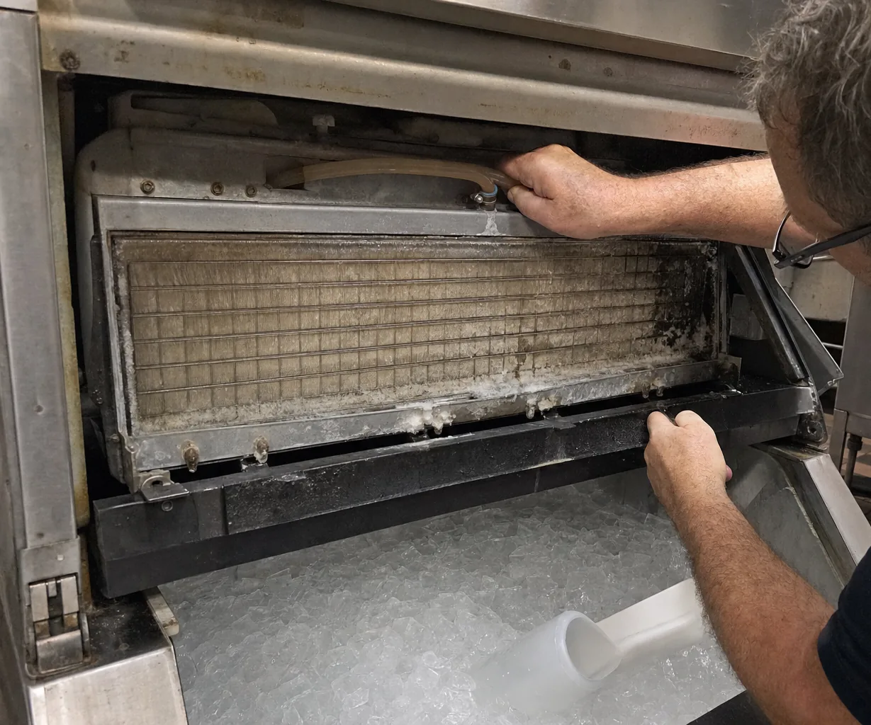 Right-hand crop of a technician reaching into the machine compartment of an ice maker with a panel set aside