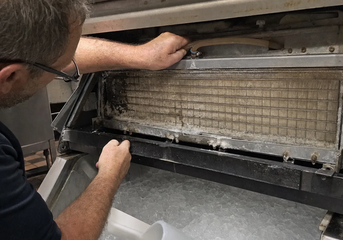 Steady close frame of gloved hands releasing a clip inside an appliance cabinet