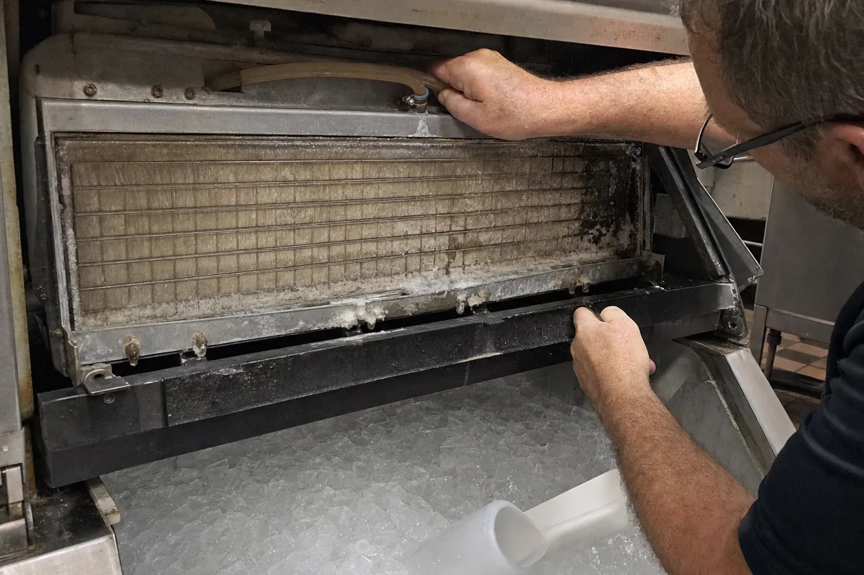 Technician kneeling at an open stainless appliance with the front panel removed and a hand tool in reach