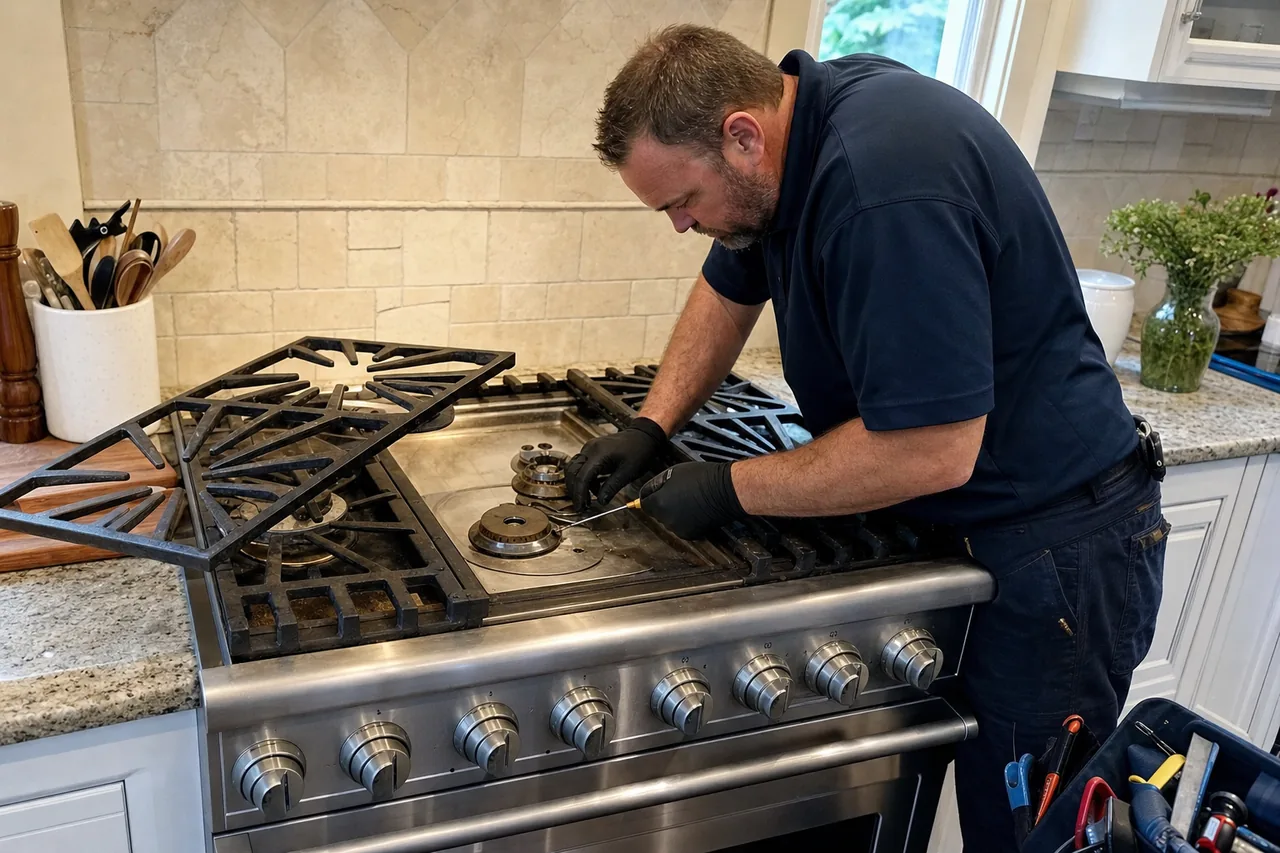 Mirrored view of a service call at a six-burner professional range, the burner cap held clear of its base