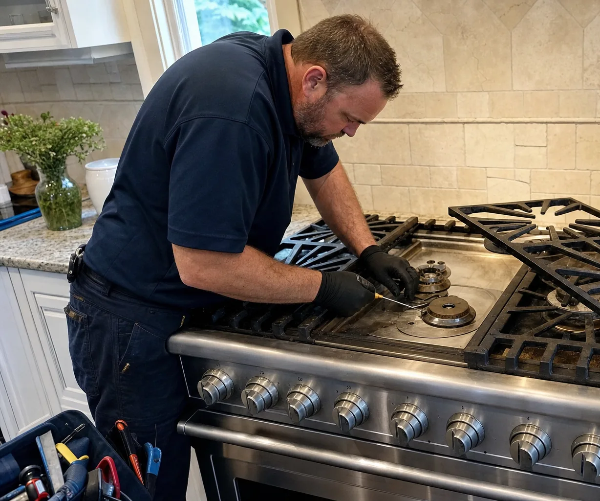 Close crop on a stainless rangetop with the cast grates removed and the burner bases exposed