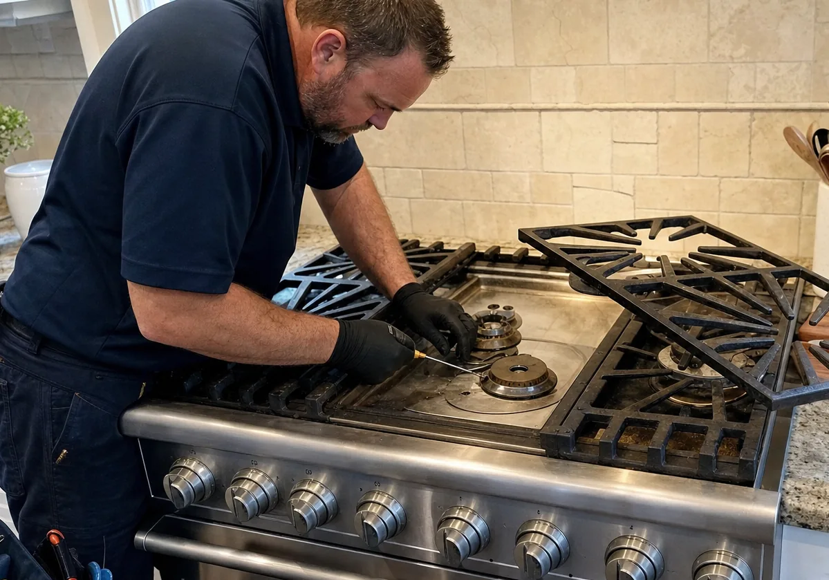 Gas burner assembly stripped down on a stainless cooking surface, brass ports and igniter visible
