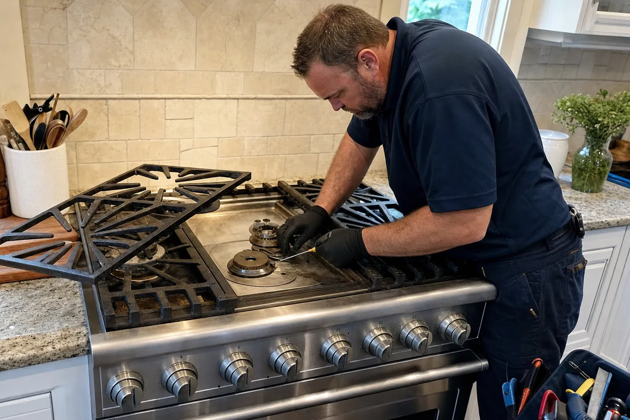 The cooking surface a hood has to clear, photographed with the grates off and the range pulled forward